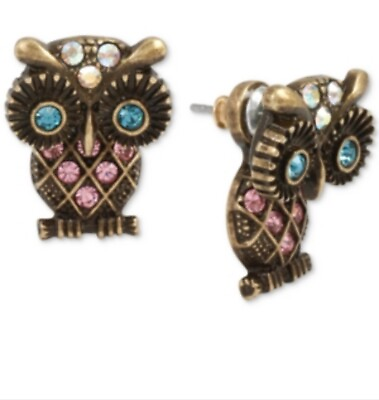 #ad $35 Betsey Johnson Mini Jeweled Owl Gold Tone Earrings BTW 9 $32.13