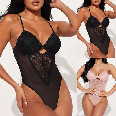 #ad Womens Sexy See Through Bodysuit Babydoll Lace Sheer Sissy Lingerie Underwear US $11.21