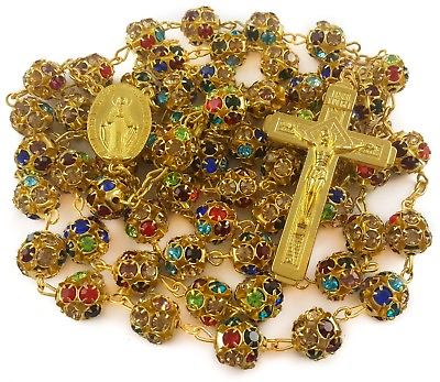#ad Colorful Zircon Beads Golden Rosary Catholic Necklace Miraculous Medal Cross $16.72
