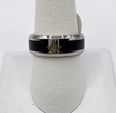 #ad Mens Stainless Steel Black Carbon Fiber Inlay Freemason Masonic Ring sz 9 $16.99