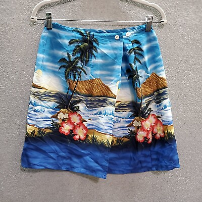 #ad VINTAGE Hawaiian Women Skirt Medium Blue Floral Knee Length A Line Palm Trees $34.27