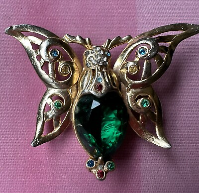 #ad Vintage 1940s Reja style butterfly green gold plated rhinestone pin brooch $65.00