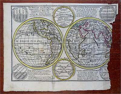 #ad World Map in Double Hemispheres 18th Century De Lat engraved map $75.00