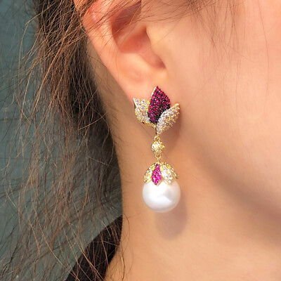 #ad Women Pearl Dangle Cubic Zircon Leaf Shape Gold Plated Long Drop Party Earrings $9.46