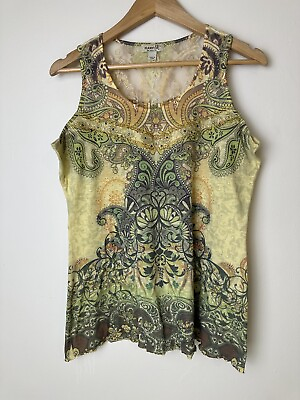 #ad One World Womens Green Colorful Lace amp; Bead Embellished Floral Design Tank Sz L $15.00