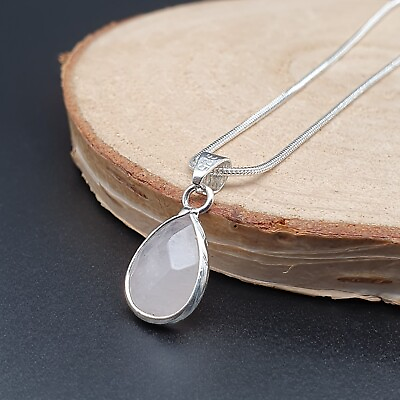 #ad Rose Quartz Teardrop Necklace Small Natural Crystal Pendant Silver Plated Chain GBP 9.98