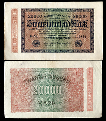 #ad Authentic Germany 20000 Mark 1923 BERLIN Post WWI Hyperinflation Era 99 Yrs Old $2.42