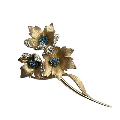 #ad Vintage Boucher Pave Rhinestone Flower Brooch Blue Gold Tone Gorgeous See $424.99
