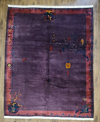 #ad Antique handwoven art deco Chinese rug size 9x11#x27;4quot; cir 1920s purple colors $4490.00