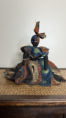 #ad African Vintage Sitting Woman Collectible African Print Dress Doll $19.00