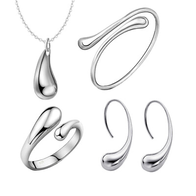 #ad 4 Pcs Silver Teardrop Jewelry Set Sterling Silver Teardrop Earrings $9.96