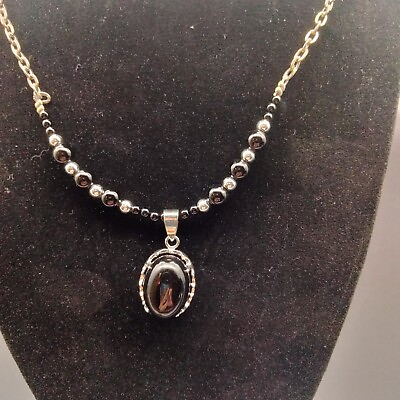 #ad Silver Tone Genuine Black Onyx Bold Necklace 18quot; Adjustable VTG Estate Tested $15.99