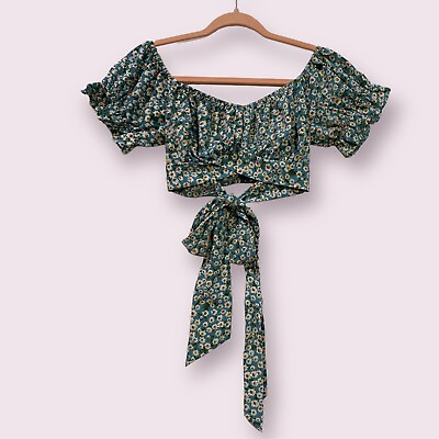 #ad Shein Floral Crop Top Size 8 10 Blue Multi Off Shoulder Tie Waist Summer Chic $9.99