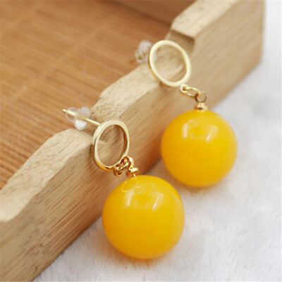 #ad Elegant Natural Amber beeswax Gold Earrings Ping 18K Stud Beaded Everyday Drop $10.39