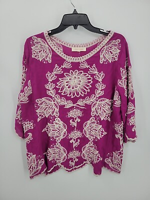 #ad Solitaire Top Womens Large Pink Embroidered Floral Tunic Boho Artsy Blouse $23.85