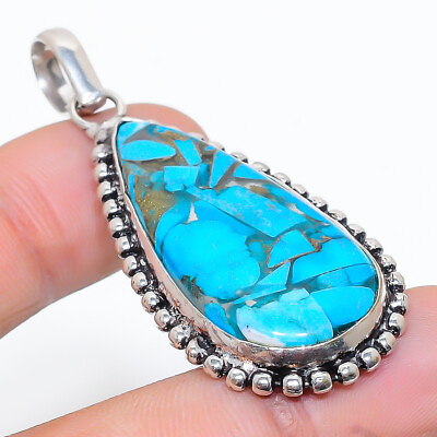 #ad Brazil Copper Blue Turquoise Gemstone Sterling Silver Jewelry Pendant 2.25quot; h922 $28.66