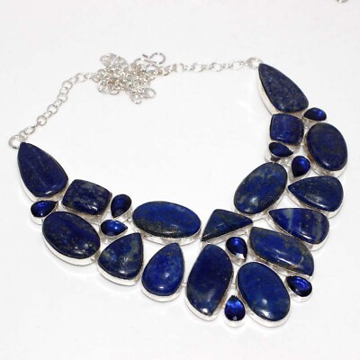 #ad 925 Silver Plated Lapis Lazuli Blue Topaz Big Cluster Necklace Jewelry 16quot; JW $25.99