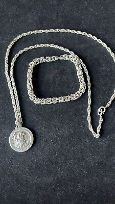 #ad St. Christopher protect us Sterling Silver Pendant Chain Raised 24”and brac. 7” $70.00