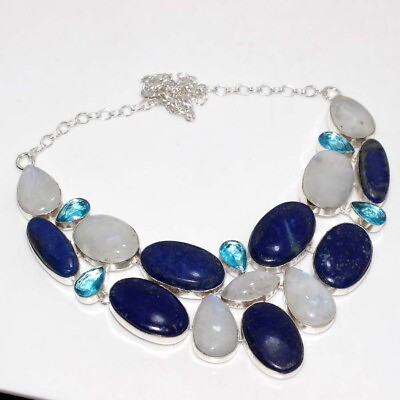 #ad 925 Silver Plated Lapis Lazuli Rainbow Moonstone Big Cluster Necklace 16quot; JW $19.99