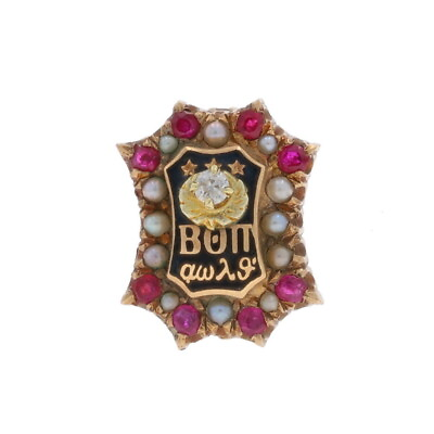 #ad Yellow Gold Beta Theta Pi Badge 14k Sapphire Ruby Pearl Antique Fraternity Pin $359.99