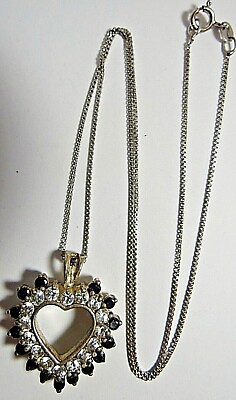 #ad NICE LADIES STERLING SILVER CHAIN PENDANT HEART ONYX amp; STONES NECKLACE 18quot; LONG $21.60