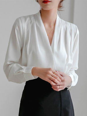 #ad White Long Sleeve Women#x27;s Shirt Silk V neck French Design Women#x27; Summer Blouses $40.04
