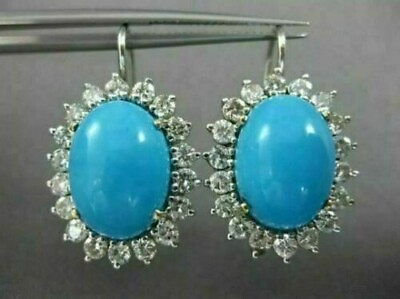 #ad 2.40 Ct Oval Cut Turquoise Drop amp; Dangle Women#x27;s Earrings 14k White Gold Finish $85.50