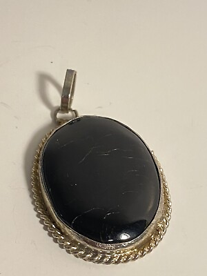#ad vintage Black Onyx Agate oval fat Pendant sterling silver? $15.16
