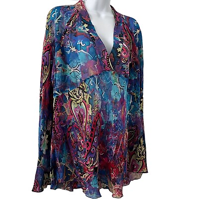 #ad Chicos 3 100% Silk Blouse Top Surplice Blue Pink Red Multi Abstract Colorful XL $38.00
