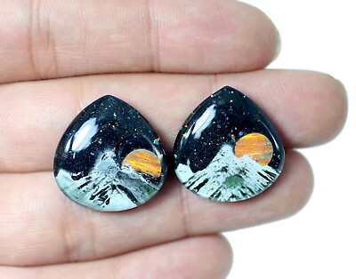 #ad #ad Aurora Opal With Mountain Wood Carving Cabochon Match Pair Black Onyx Doublet $21.19