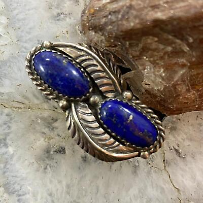 #ad Vintage Native American Sterling 2 Oval Lapis Decorated Ring Size 5.25 For Women $112.50