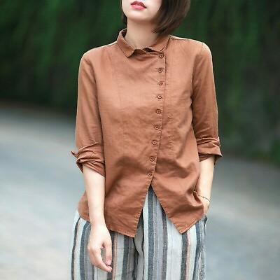 #ad Lady Cotton Linen Shirt Tops Asymmetry Button Long Sleeve Blouse Retro Casual $38.38