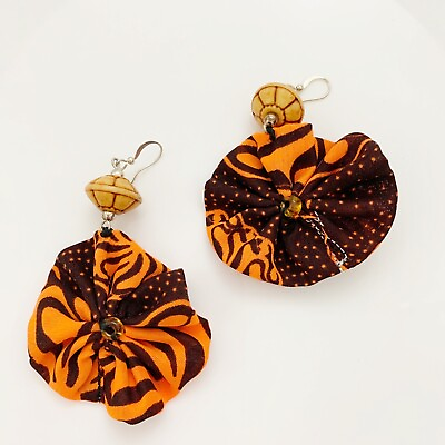 #ad Tribal African Orange Fabric Boho Earring Handmade $15.00