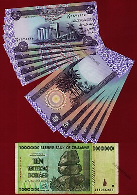 #ad 10 Trillion Zimbabwe Dollars AA 2008 10 x 50 Iraq Dinars Banknotes IQD w COA $44.99