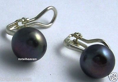 #ad AAA 11mm BLACK Cultured Pearl Solid Sterling Silver Omega Clip On Earrings NEW $59.36