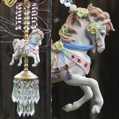 #ad Porcelain Horse Carousel Lamp SWAG Chandelier Vintage Spring Mimosa Jeweled bead $375.00