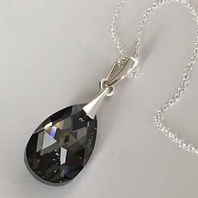 #ad Necklace 22mm Pendant Teardrop 925 Silver Night SN Made With Austrian Crystals GBP 21.00