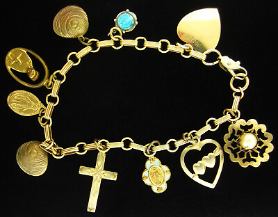 #ad Vintage Catholic Gold Tone Bracelet with 10 Charms Attatched Religious Catholic $23.99