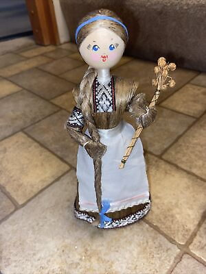 #ad Vintage Folk Art Wooden Doll w Flax Hair Traditional Dress and Braid BELARUS $30.00