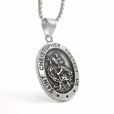 #ad MOYON Mens St Saint Christopher Medal Pendant Necklace Stainless Steel Amulet $9.99