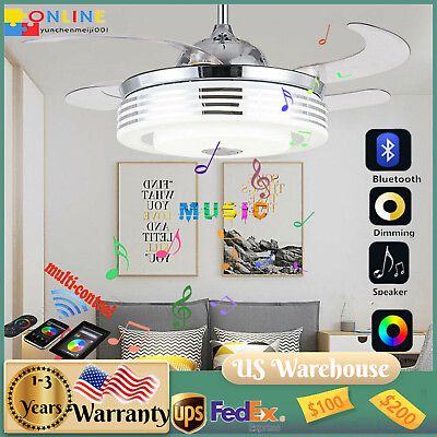 42” Retractable Bluetooth Ceiling Fan Light LED Chandelier w RemoteMusic Player $129.61