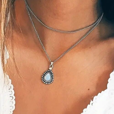 #ad Gorgeous Boho Teardrop Faux Gemstone Silvery Drop Pendant Necklace $11.65