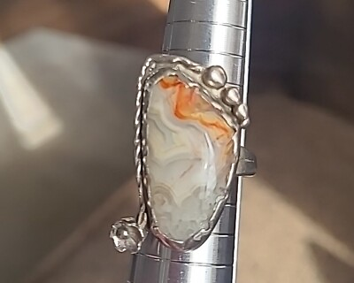 #ad Vntg Handmade Crazy Lace Agate Silver Unmarked Ring Sz 6.5 $49.99