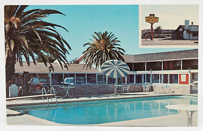 #ad Postcard CA El Rancho Motel Hotel Inn Pool Palm Trees Palo Alto California $9.95
