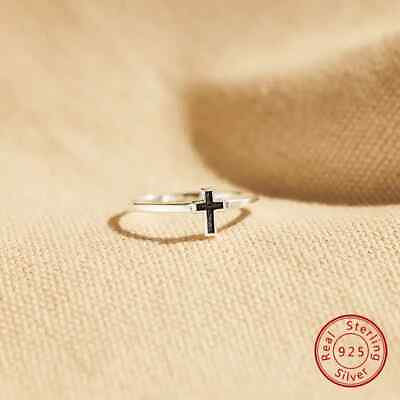#ad Simple 925 Sterling Silver Cross Black Drop Glaze Ring Birthday Gift For Women#x27;s $93.59