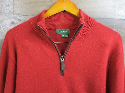 #ad Orvis Sweater Mens Medium Red Heathered Pullover 1 4 Zip Long Sleeve Wool Knit $34.50