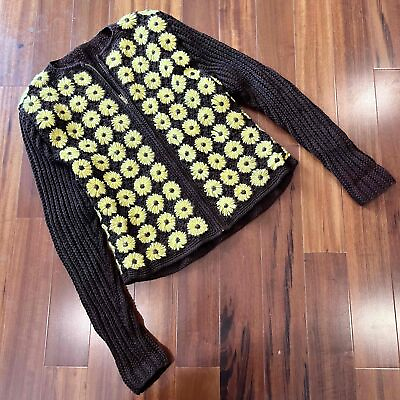 #ad Handmade Vintage Black Sweater Floral Sunflower Brown Long Sleeve Zip Top Size M $34.00