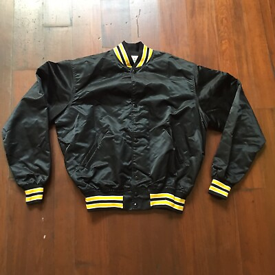#ad VINTAGE MADE IN USA BLACK BOMBER VARSITY JACKET W YELLOW DETAIL MARKED XL NEW $55.00