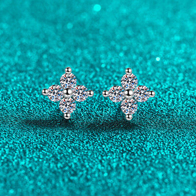 #ad Ladies Solid 925 Sterling Silver 0.8Ct Round Cut Moissanite Clover Stud Earrings $29.89