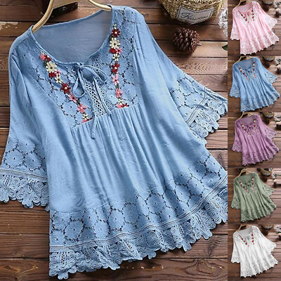 #ad Plus Size Womens Lace Floral Tunic Tops Ladies Casual Baggy T Shirt Blouse Shirt $21.99